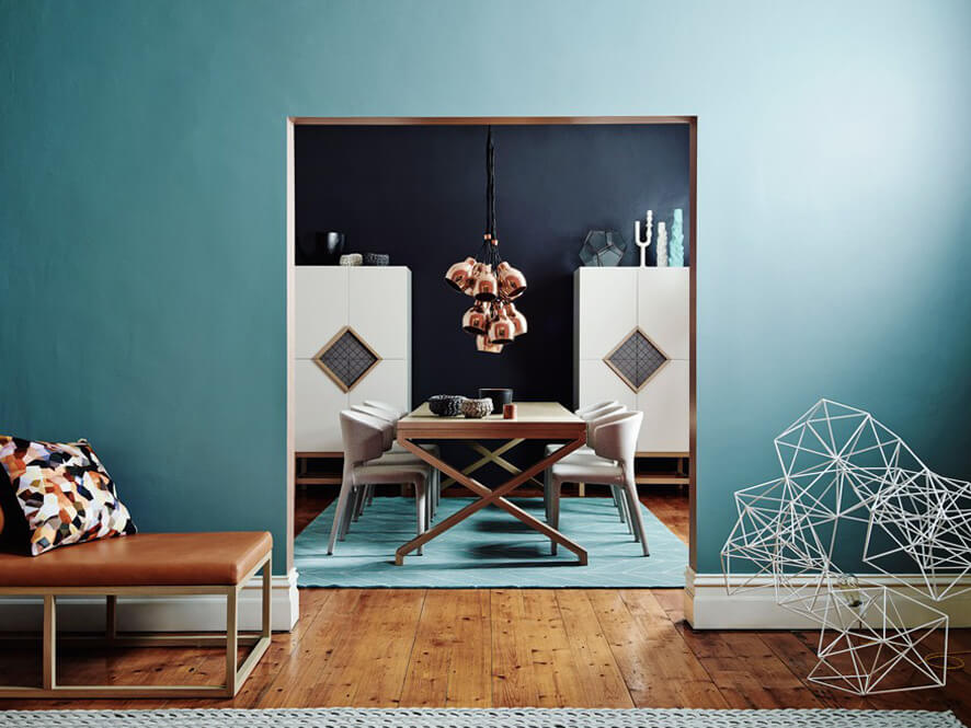 Modern precious elements blue dining room white cabinets blue rug grey table and chairs